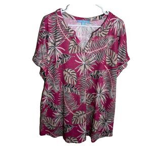 Palm Grove Blouse Women's 2X Knit Pink Floral V-Neck Short Sleeve Shirt Top